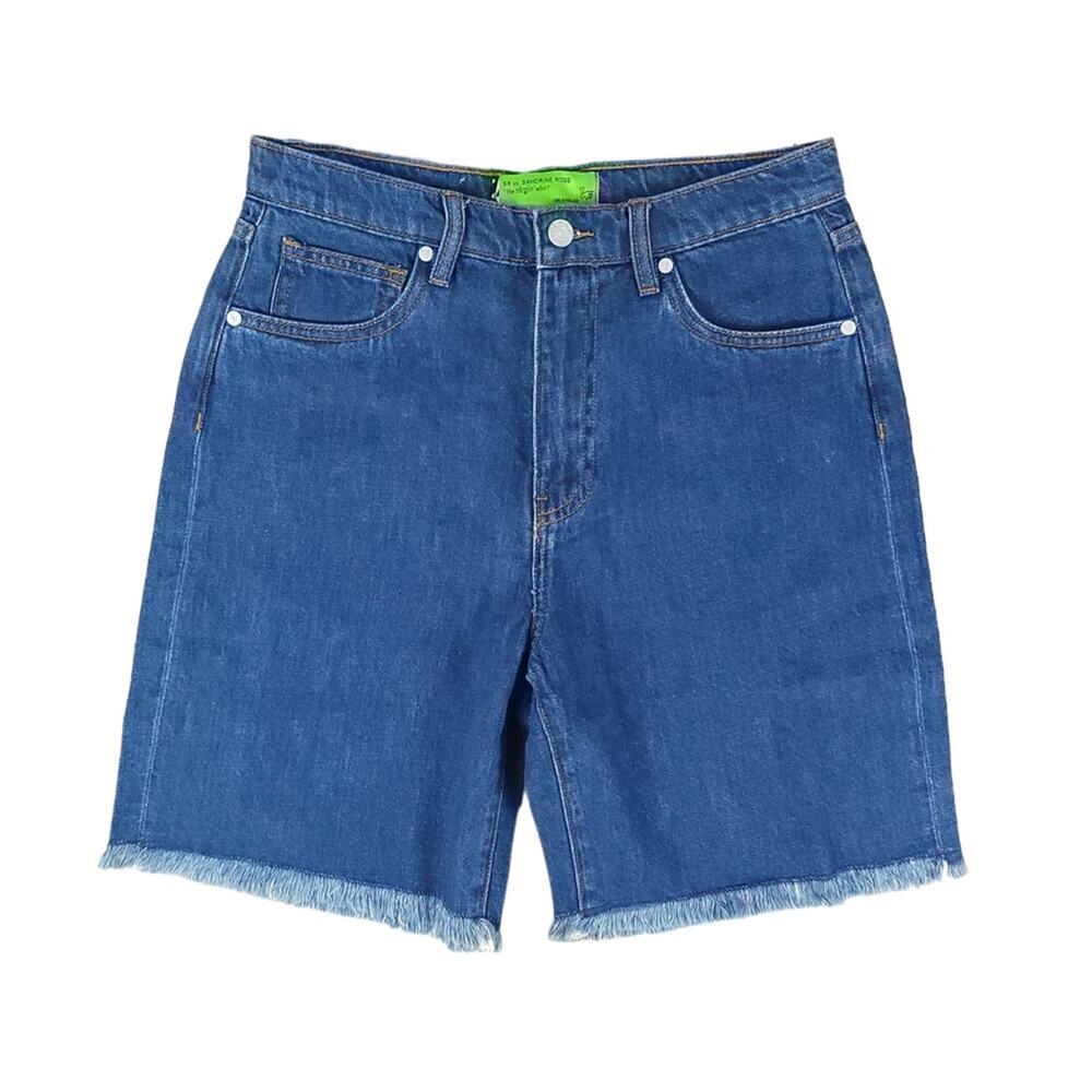 Free People x Sandrine Rose Long Fray Hem Denim Shorts Indigo Wash
